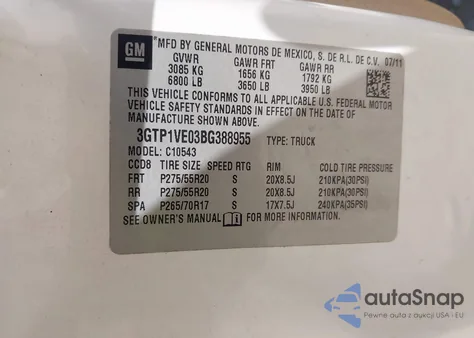 2011 GMC Sierra 1500 Sle z USA, uszkodzony, nr VIN 3GTP1VE03BG388955